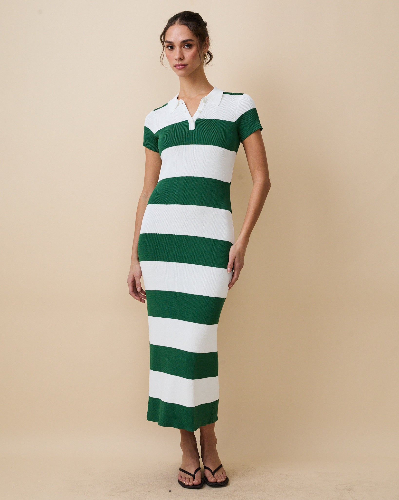 Women's Striped Polo Maxi Dress Green White Rugby Stripes Women's Striped Polo Maxi Dress Green White Rugby Stripes