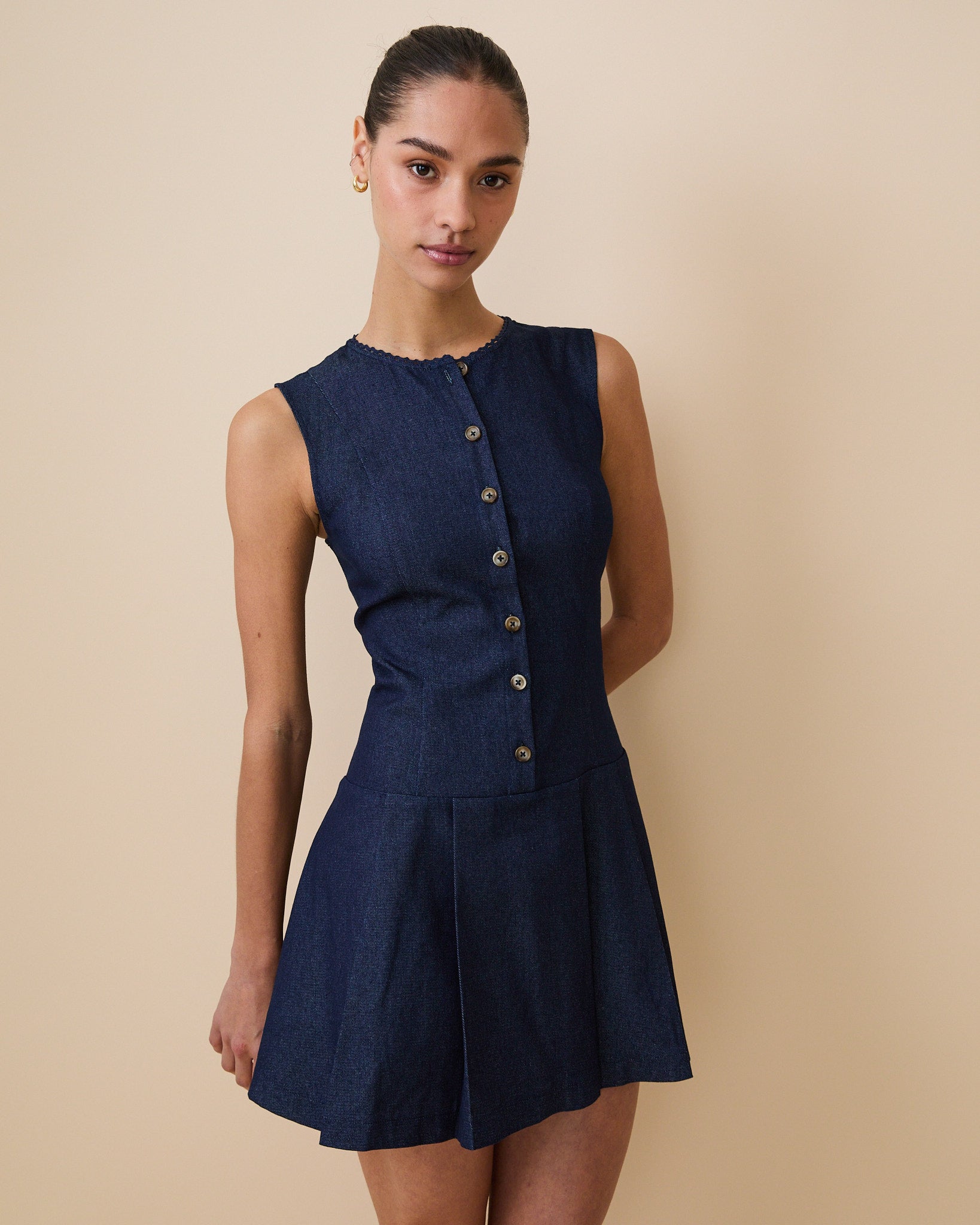 denim pleated dress Women's Denim Pleated Dress Dark Wash