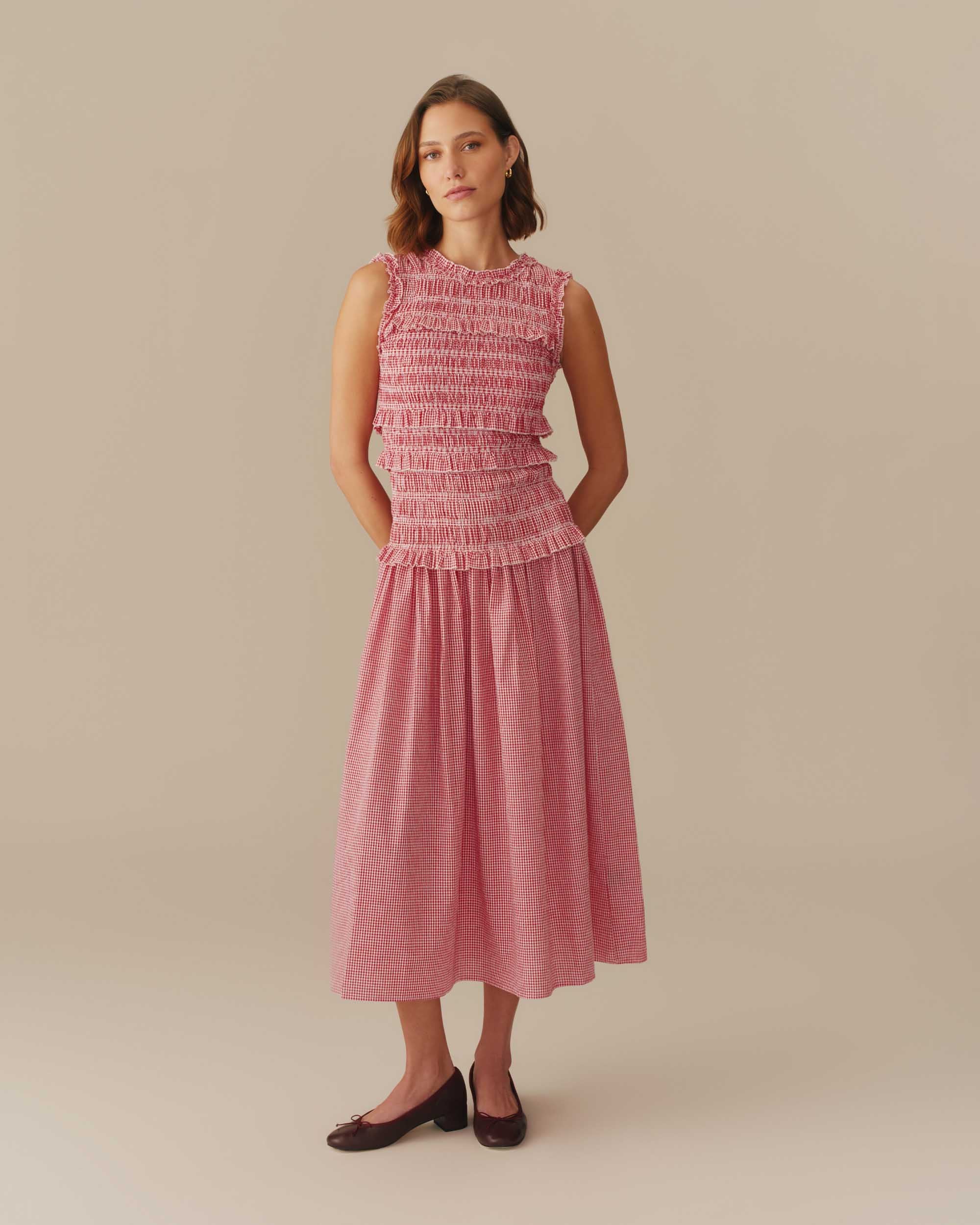 red gingham smock dress Monki seersucker wrap smock midi dress in red gingham