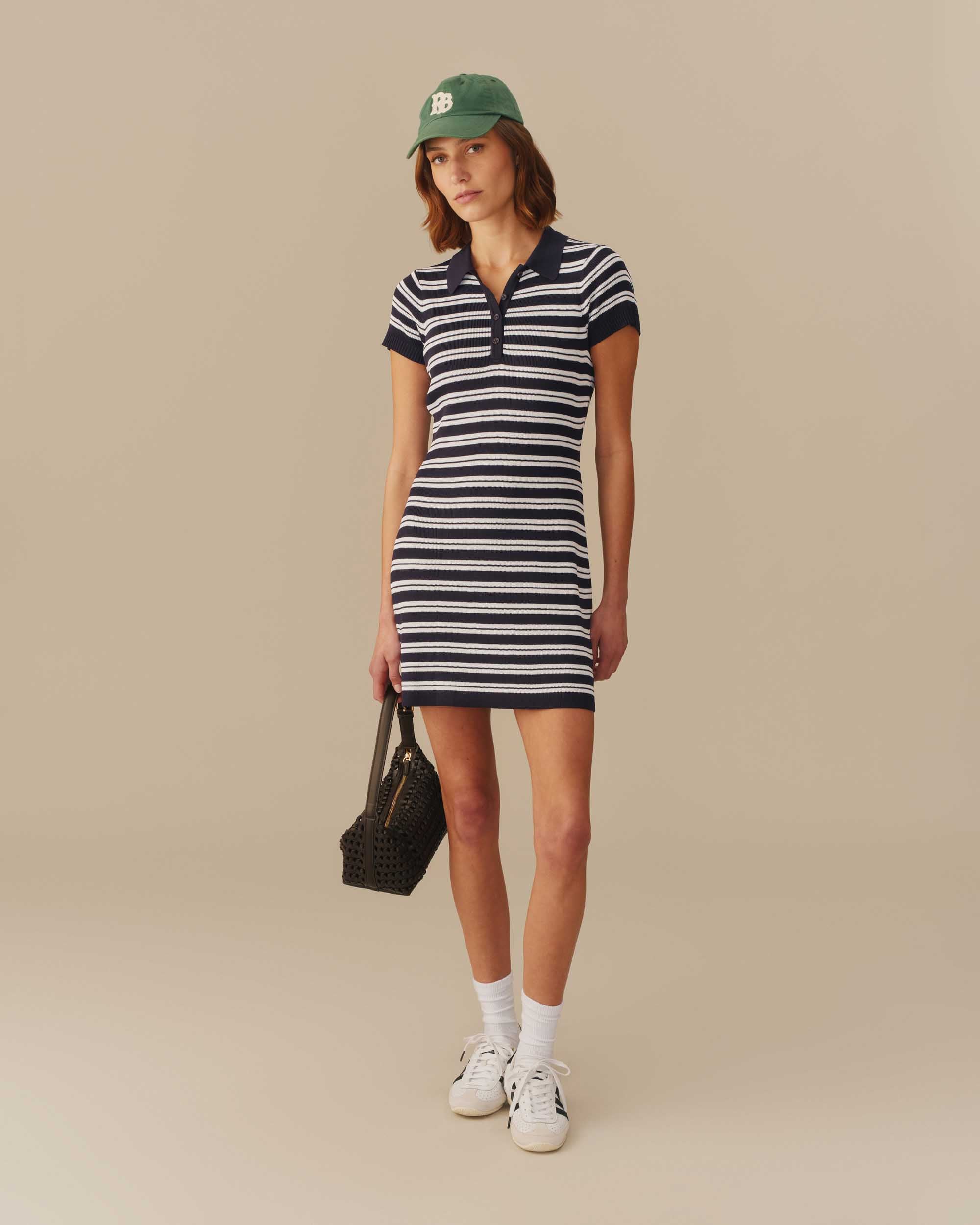 blue striped polo dress Cable & Gauge Women's Striped Polo Collar Mini Dress