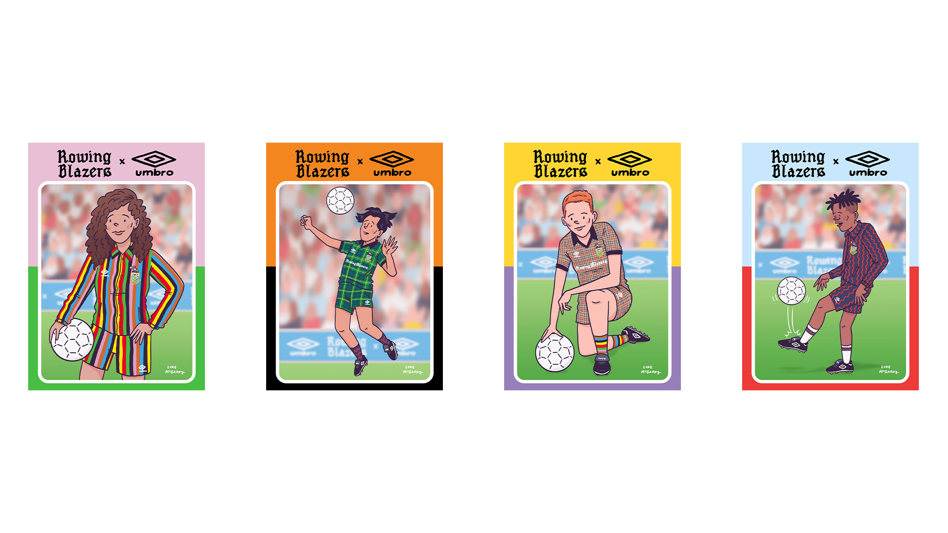 4 different Trading Cards bye Luke McGarry inspired by Rowing Blazers X Umbro
