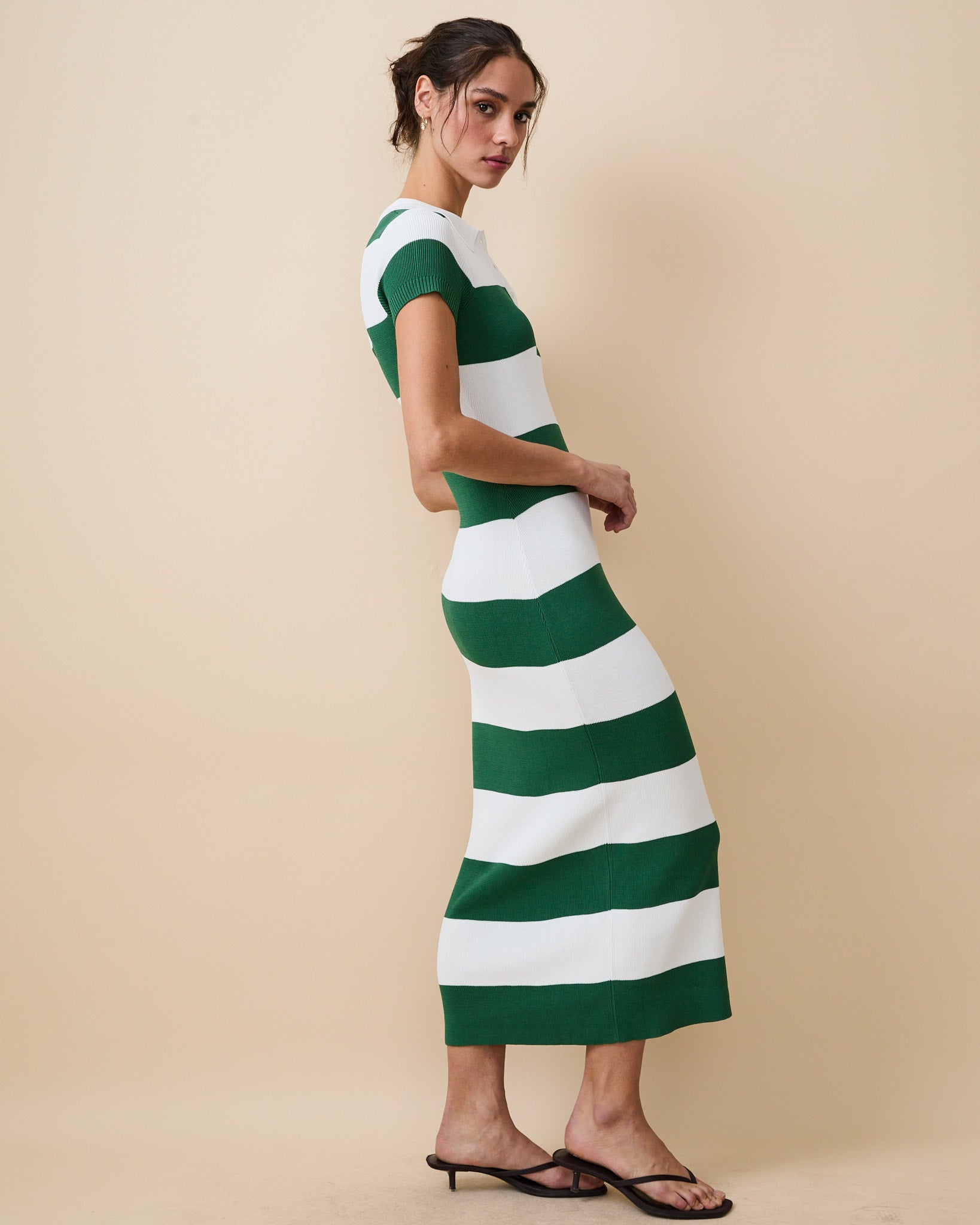 green and white striped dress Metallic Stripe Linen Three Quarter Sleeve Maxi Shirt - Green/White casual lunches Rails Primrose Dress - Emerald