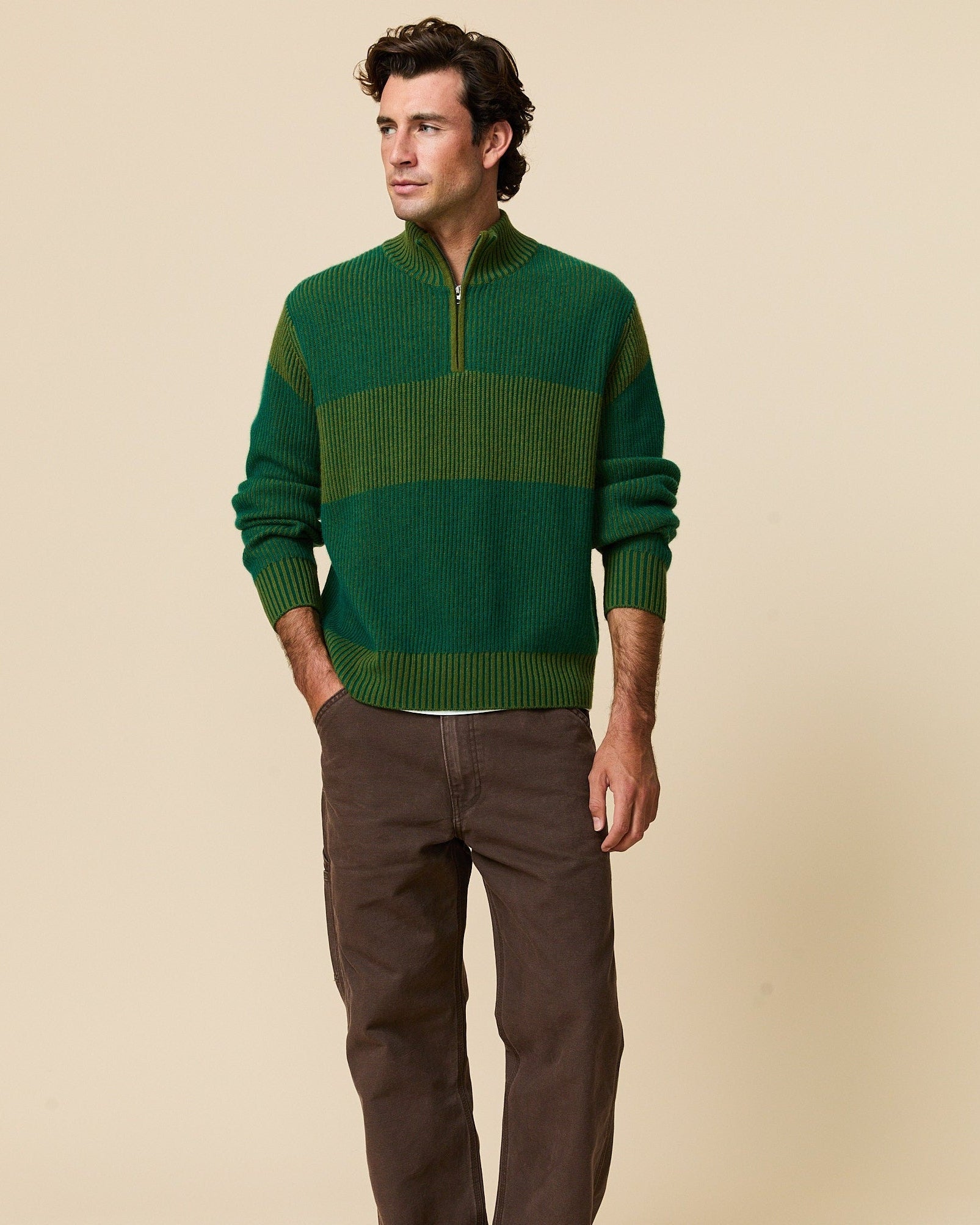 Cashmere Quarter Zip Ottoman Rib Sweater Green