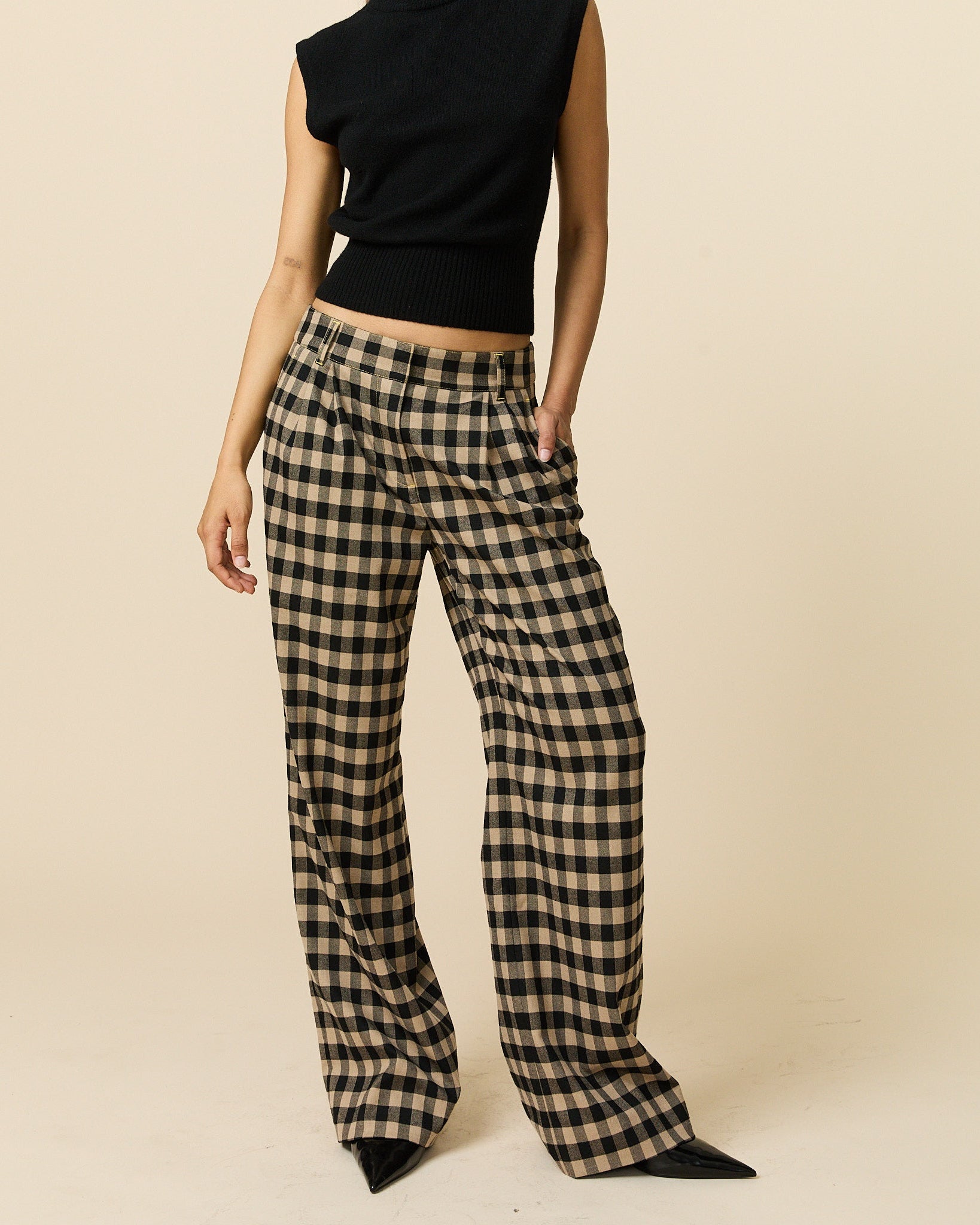 Women's Check Trousers Brown Black Check