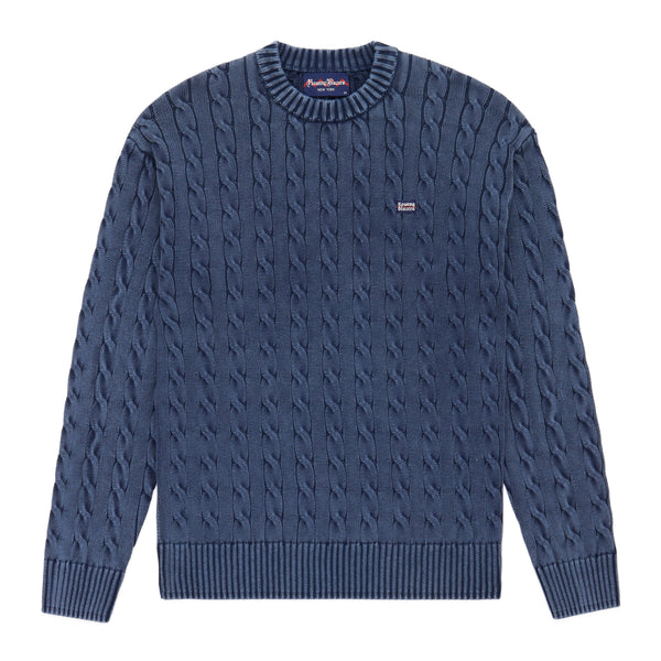 Washed-and-Weathered Garment-Dyed Down East Navy Cable Knit Sweater