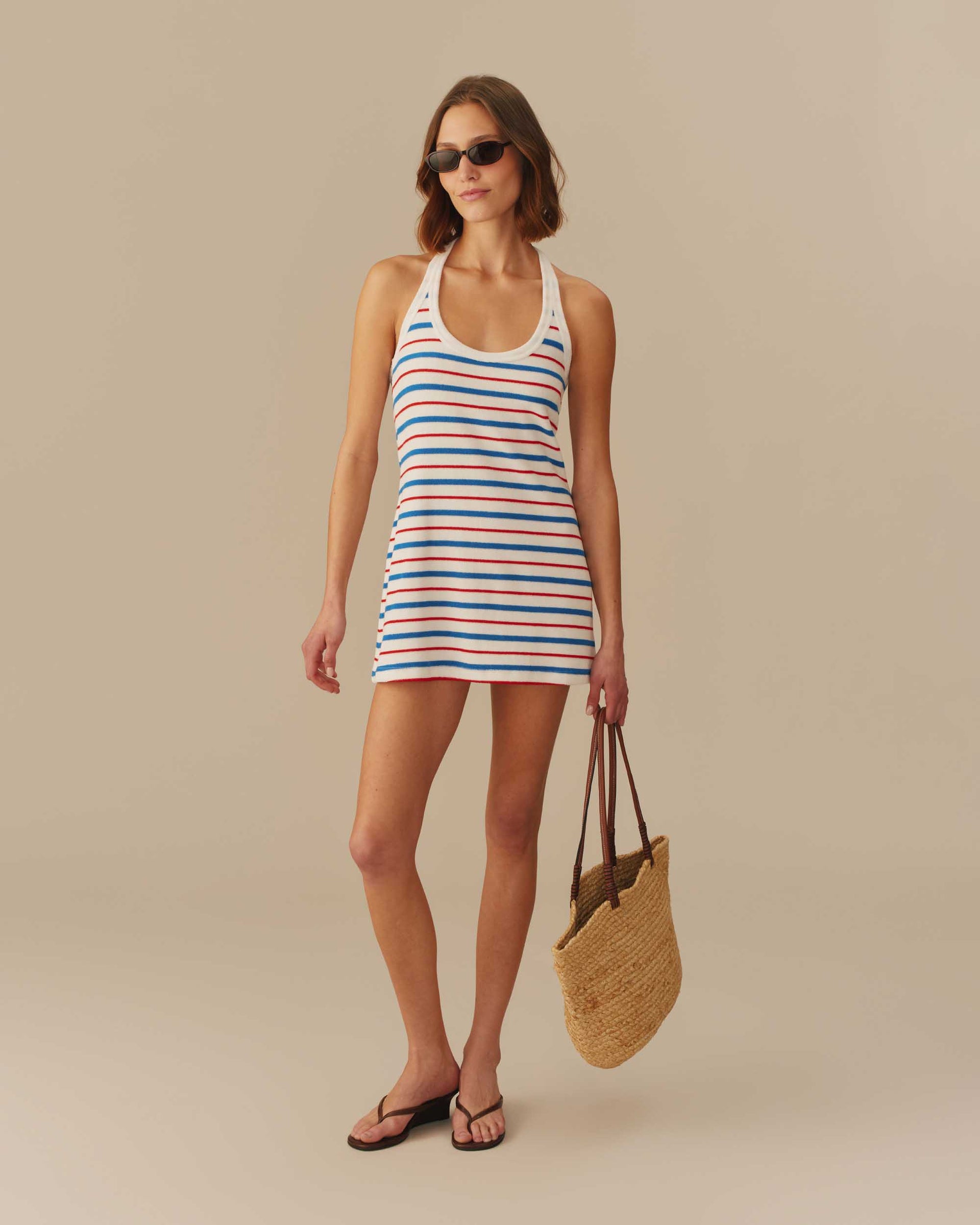 red white and blue halter dress Made for Fireworks Red & Light Blue Stripe Cotton Halter Tiered Mini Dress