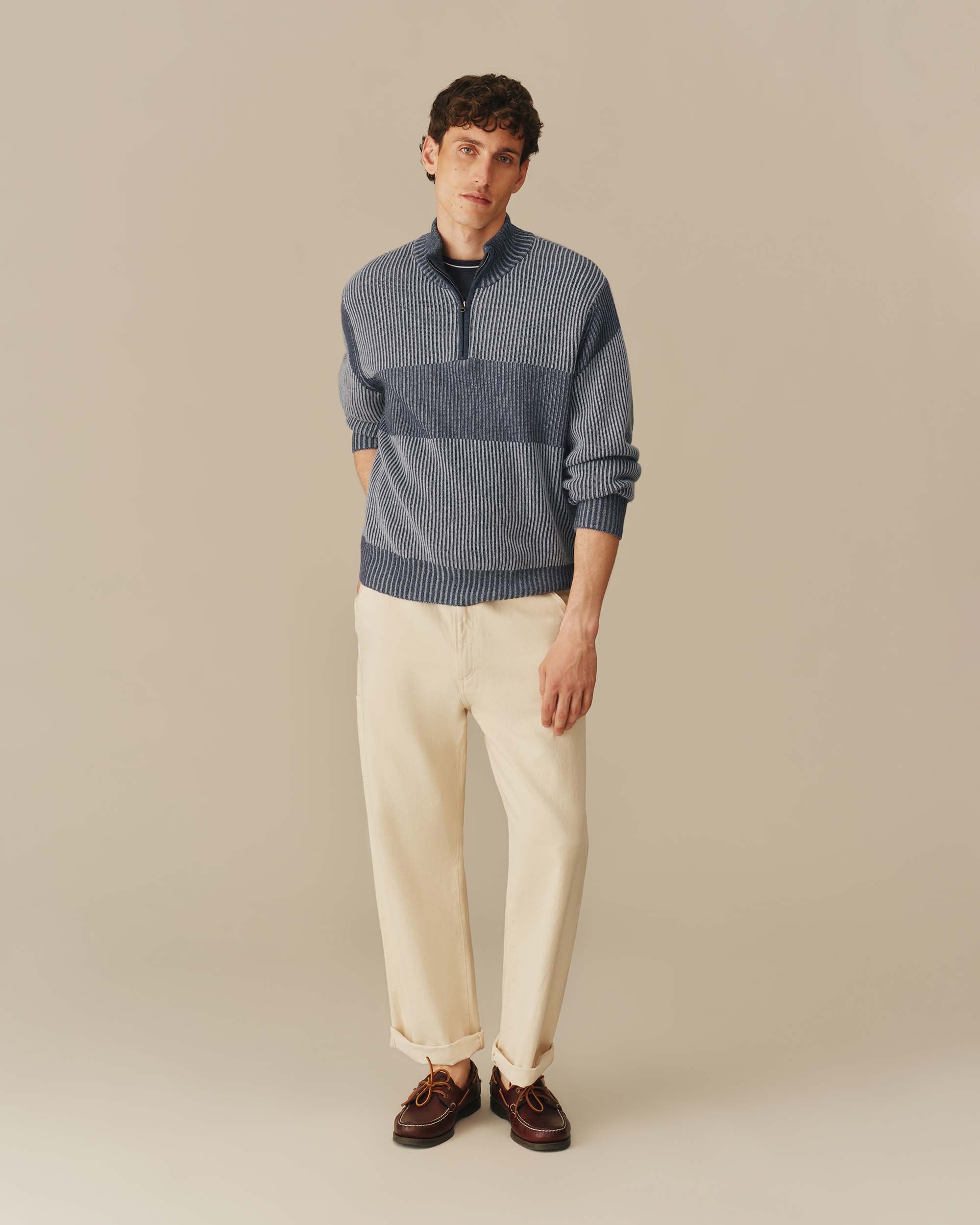 Cashmere Quarter Zip Ottoman Rib Sweater Blue