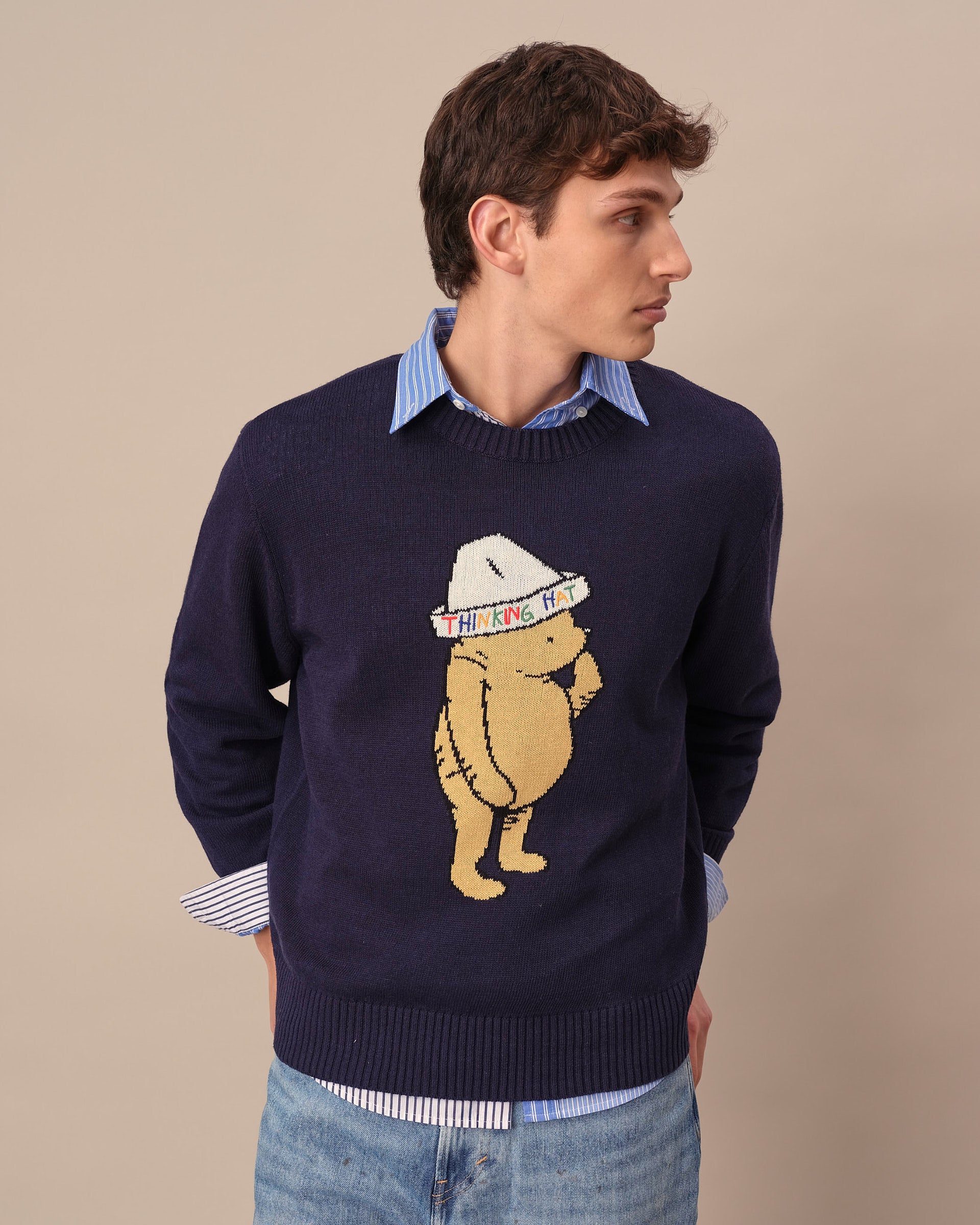Traditional Rowing Sweaters Cotton Linen Thinking Hat Winnie-the-Pooh Sweater Navy – Rowing Blazers