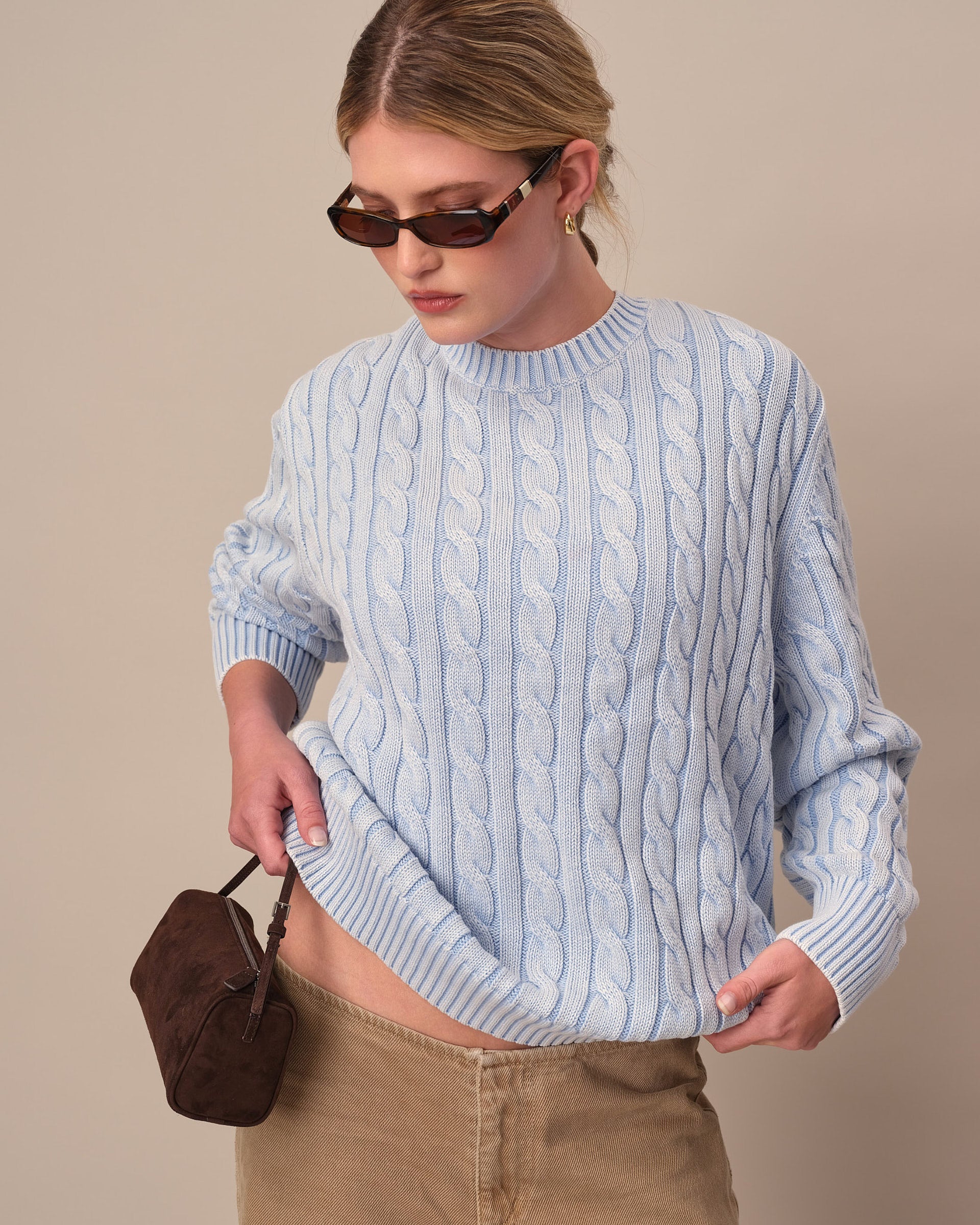 Traditional Rowing Sweaters Acid Washed Cotton Cable Knit Sweater Light Blue – Rowing Blazers