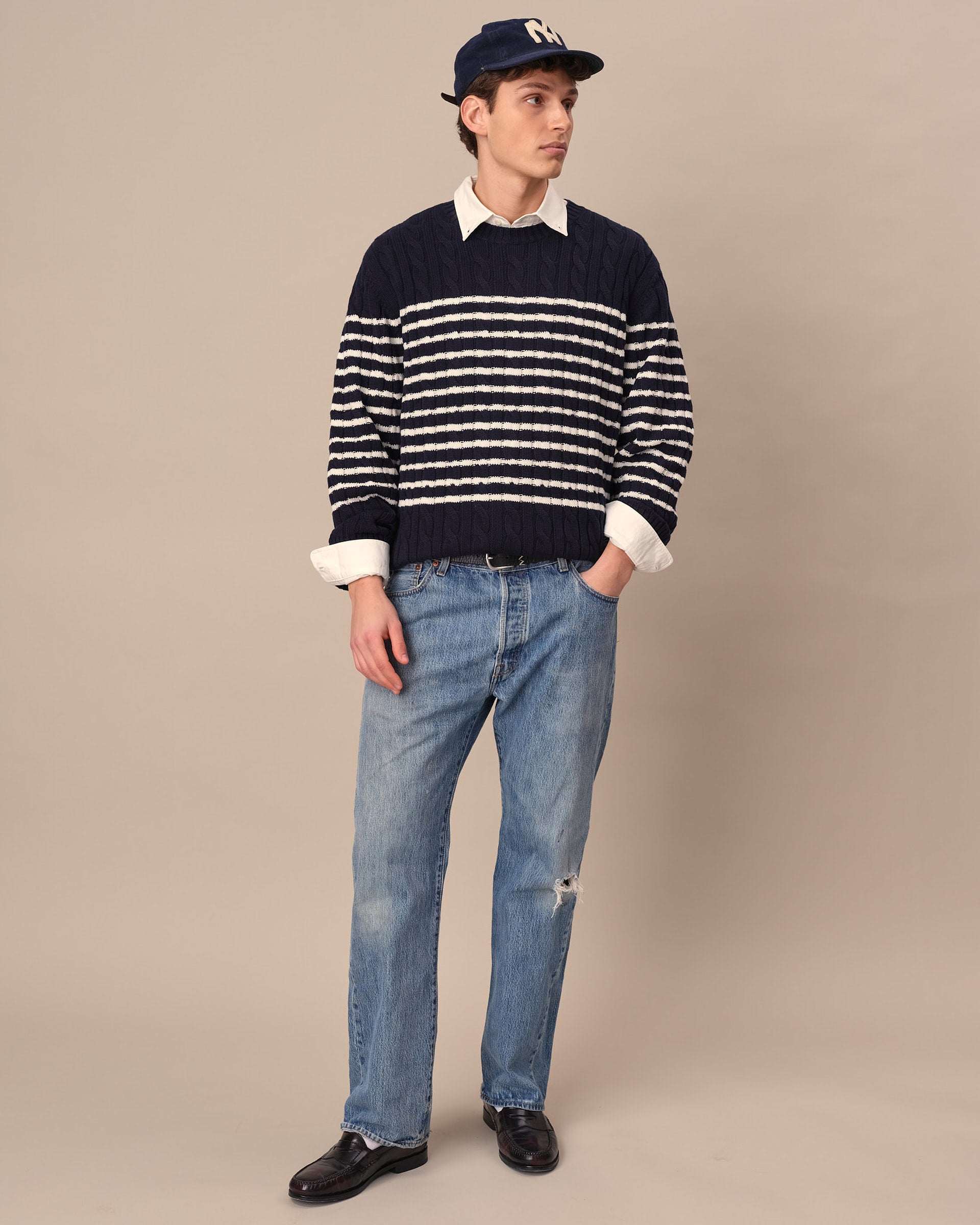 Mariner Stripe Cable Knit Sweater Navy/White Stripe