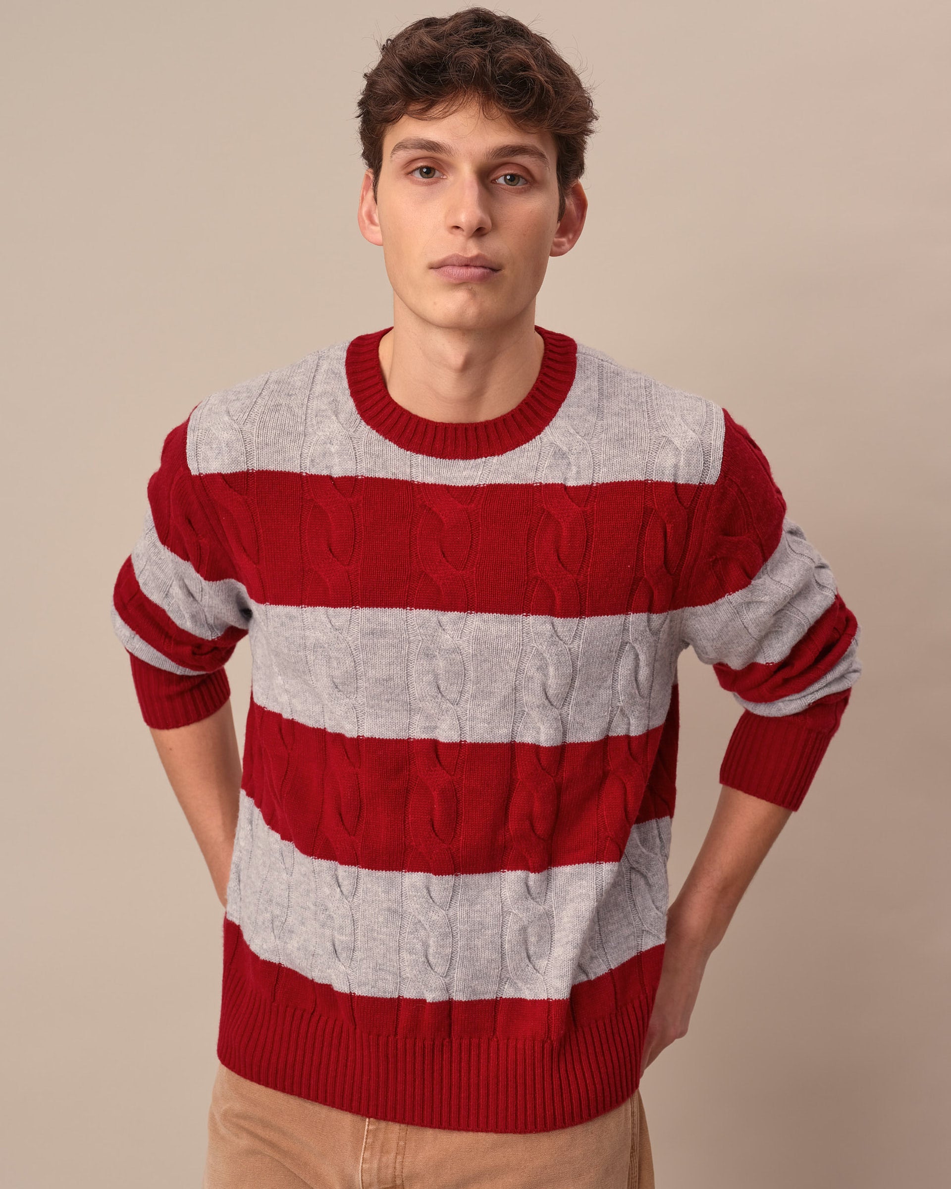 Traditional Rowing Sweaters Cashmere Rugby Cable Knit Sweater Red/Grey Heather Stripe – Rowing Blazers