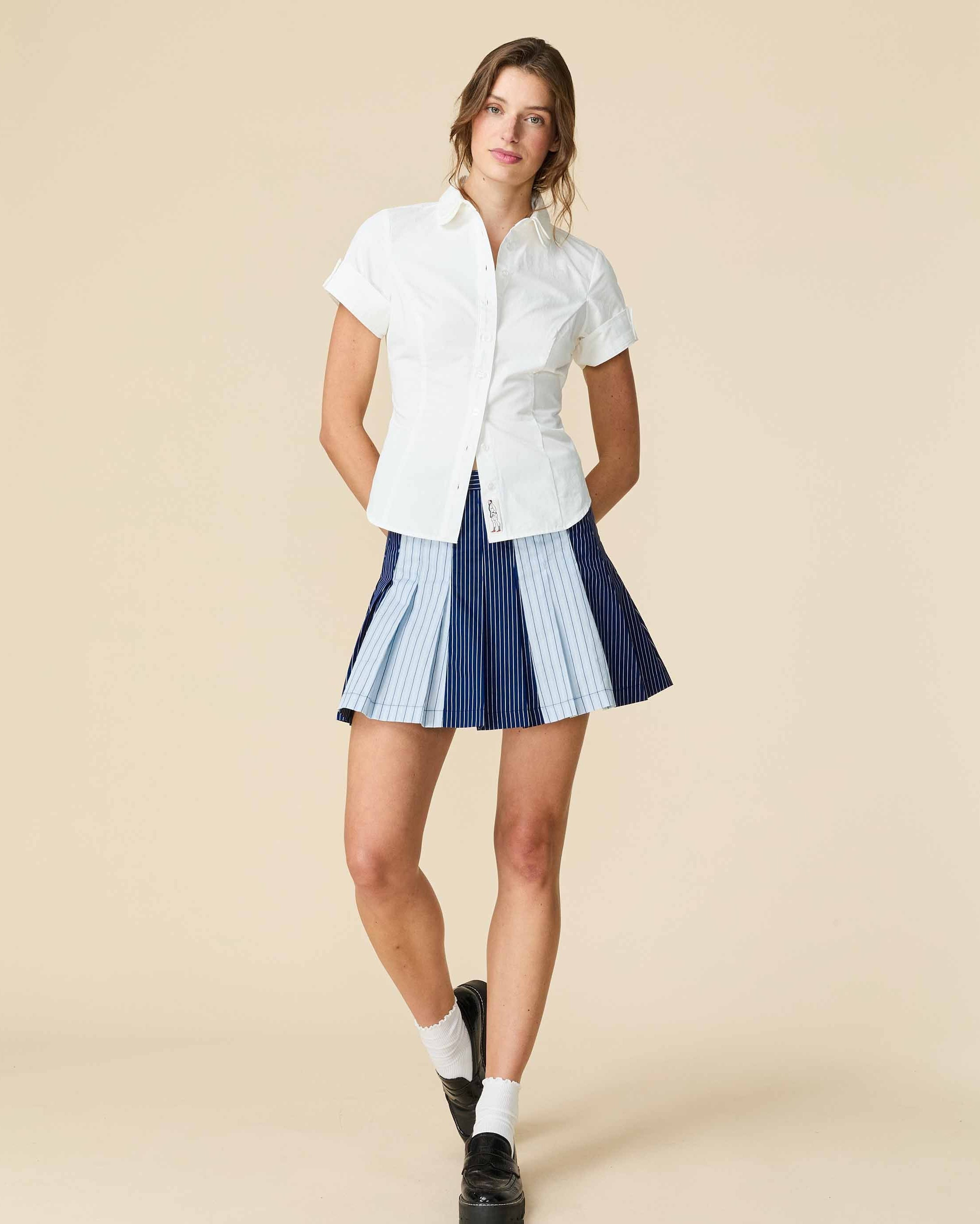 Hidden Mini Row Women's Cotton Pleated Mini Skirt Blue Mixed Pinstripe – Rowing Blazers