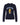 Penelope Cotton Pooh Sweater Navy: a navy blue women’s crewneck sweater featuring an intarsia design of Winnie-the-Pooh holding a newspaper below the word ROWING in light blue varsity-style lettering.