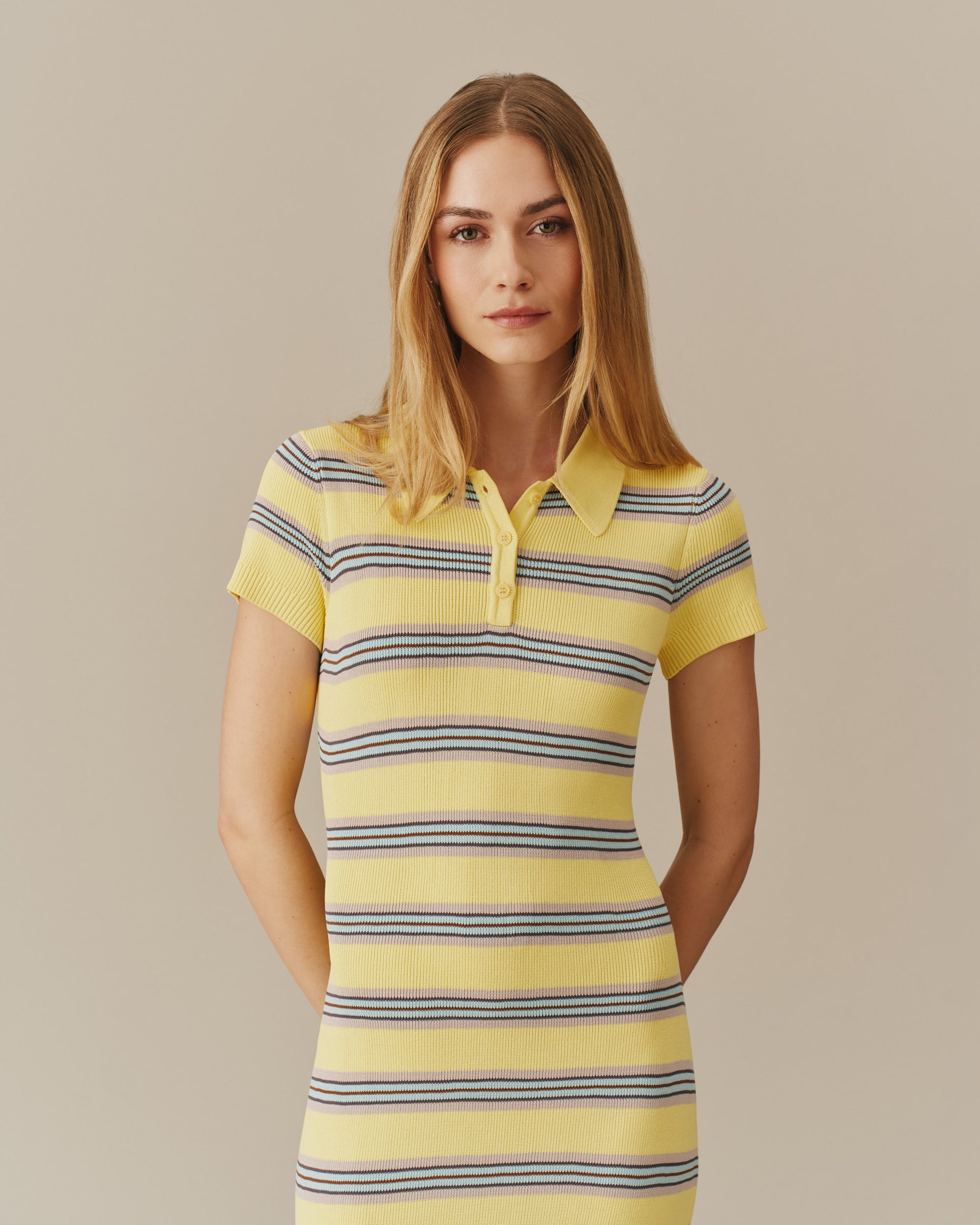yellow polo dress Knit Cotton Dress, Ribbed Midi Dress, Summer Casual Elegant Look, Breathable Feminine Yellow Birthday Bachelorette Party casual lunches Women's Striped Polo Maxi Dress