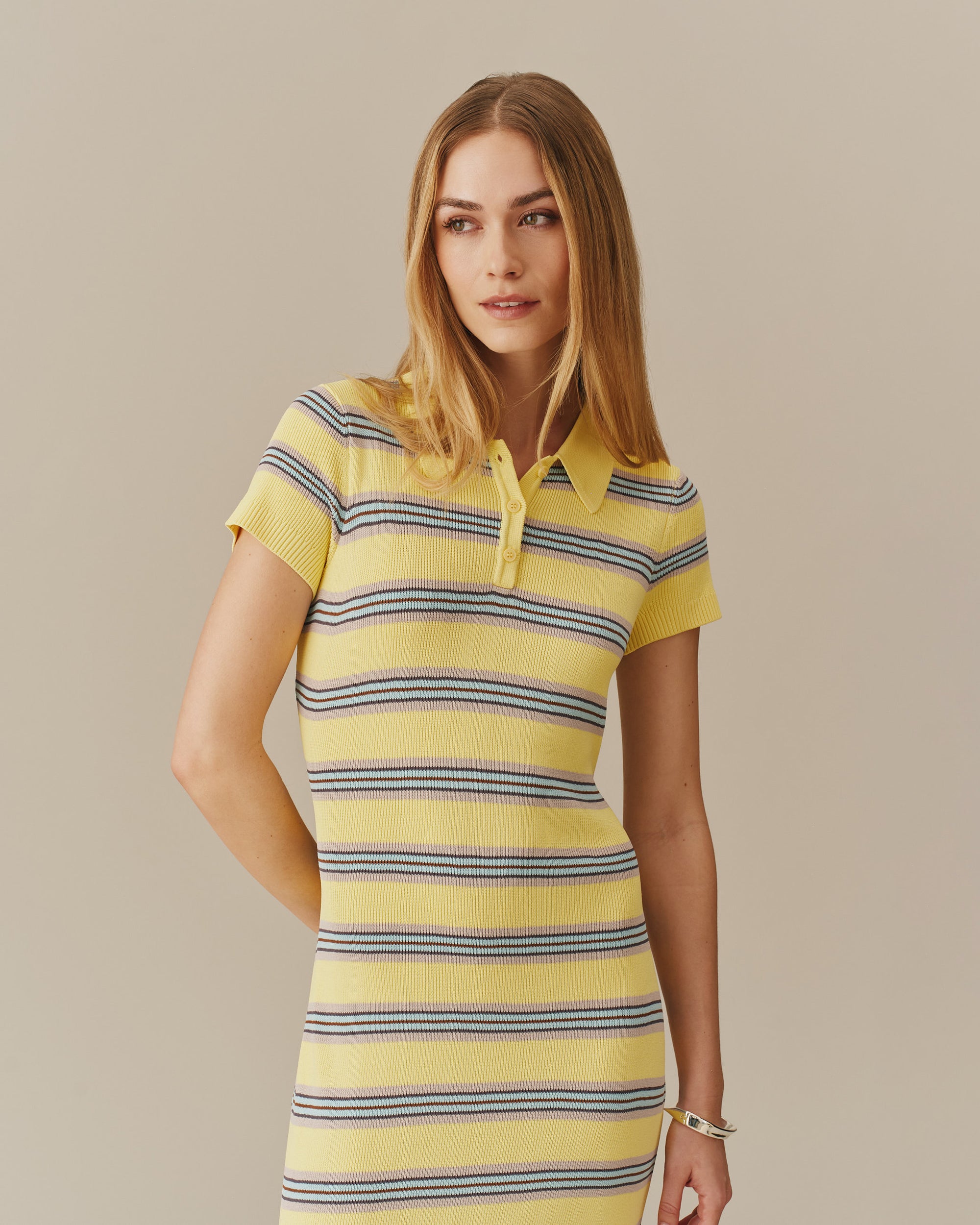 Women's Striped Polo Maxi Dress Yellow Stripe Yellow Stripe / M Women's Striped Polo Maxi Dress Yellow Stripe Yellow Stripe / M