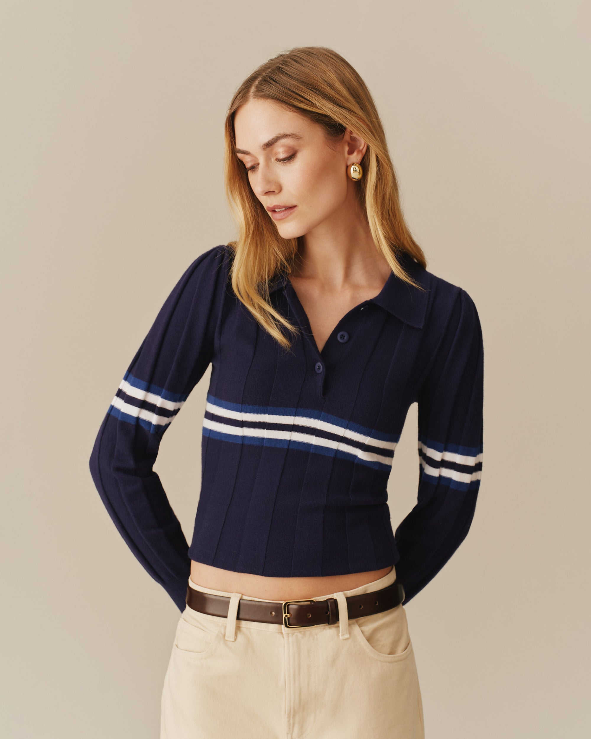 Traditional Rowing Sweaters Women's Striped Sweater Polo Navy – Rowing Blazers