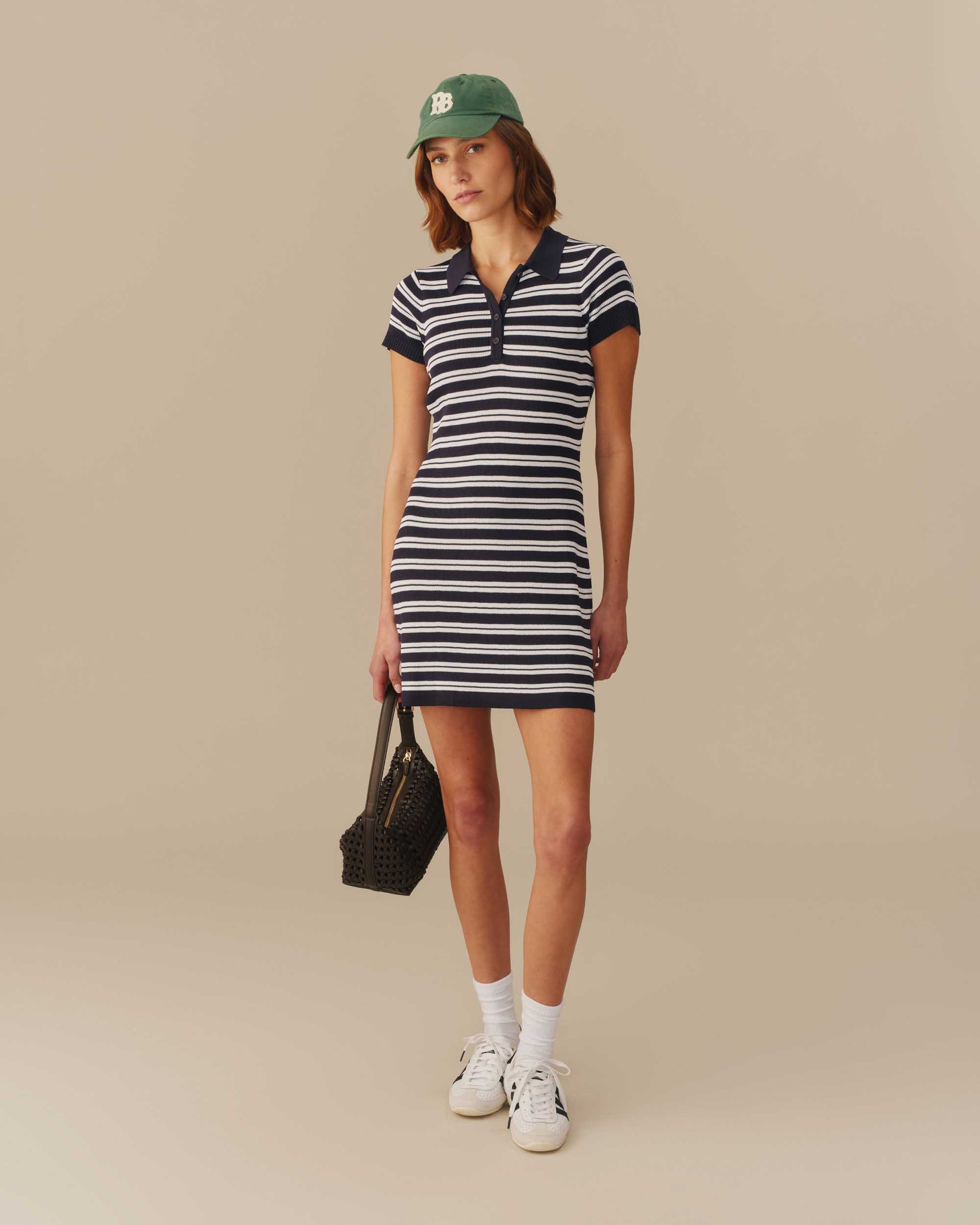 polo mini dress ASOS DESIGN short sleeve with pleated skirt in navy stripe 31% polyester English Factory Ruffle Placket Knitted