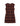 A sleeveless plaid dress in maroon tones, featuring a fringed hem, displayed flat against a textured beige background.